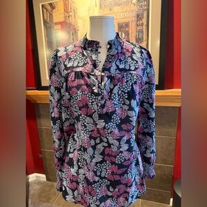 LOFT Navy and Pink Floral Blouse